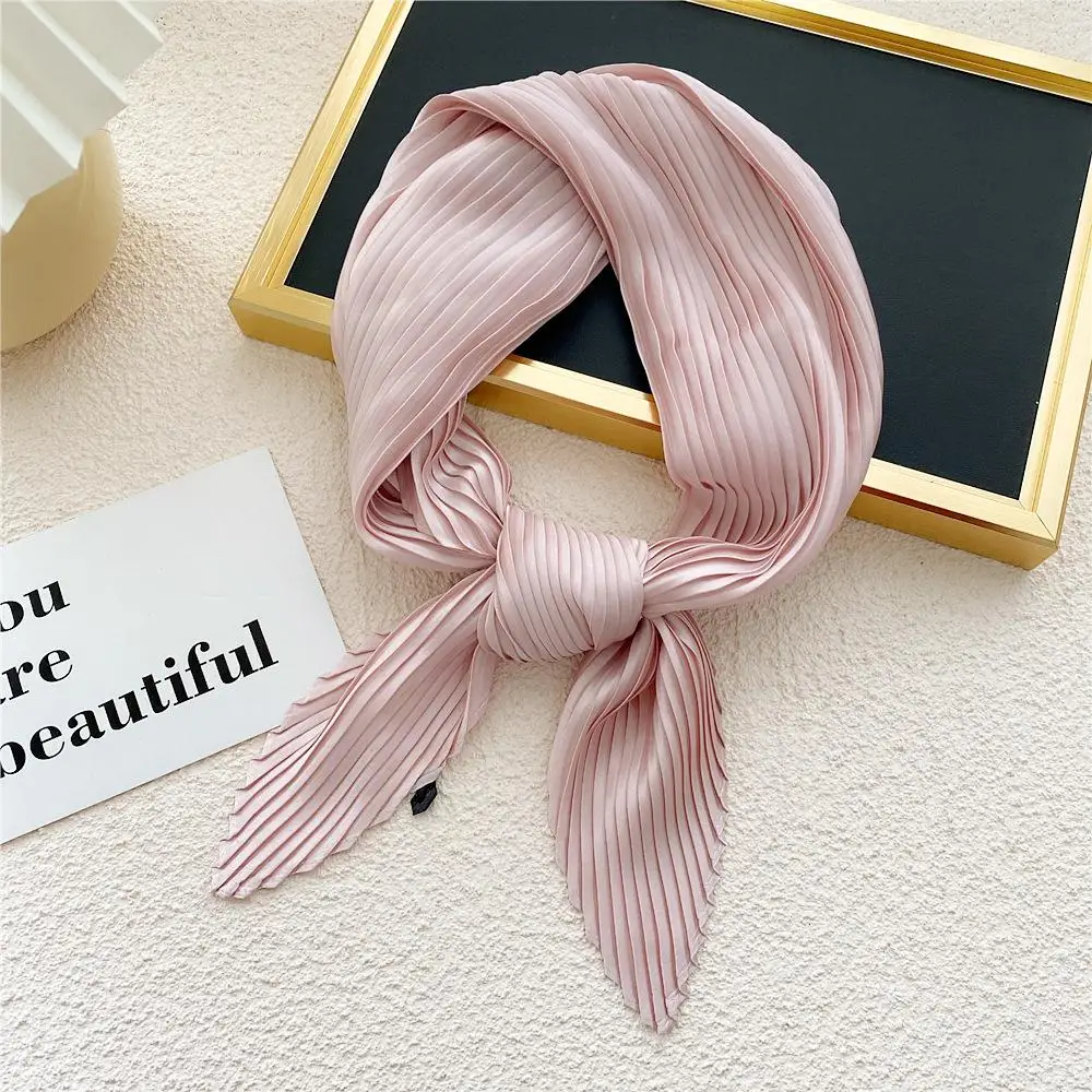 Women Pleated Satin Scarf For Ladies Neckerchief Ribbon Square Skinny Hair Tie Band Kerchief Satin Foulard Scarves Headscarf - 5