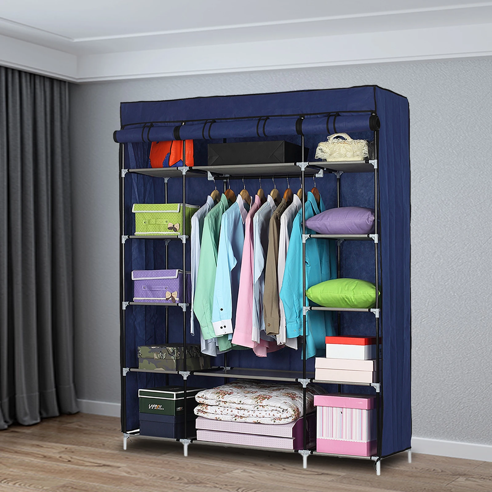 5-Layer 12-Compartment Non-woven Fabric Wardrobe Portable Closet Navy (133x46x170cm) 1