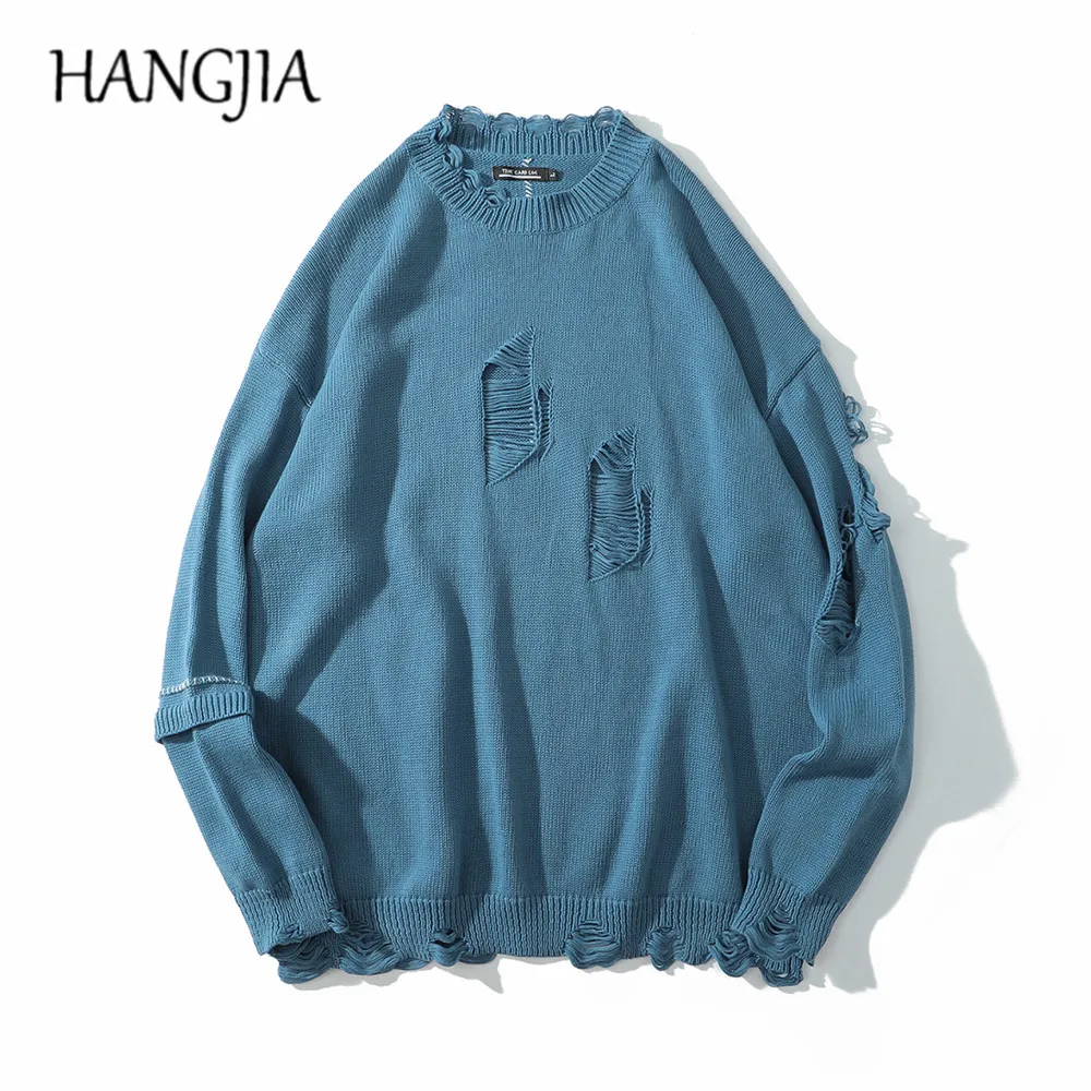 100% Cotton Blue Ripped Sweaters Pullovers Hip Hop Mens Distressed Sweater Autumn Winter Streetwear Loose Casual Jumpers Women | Мужская