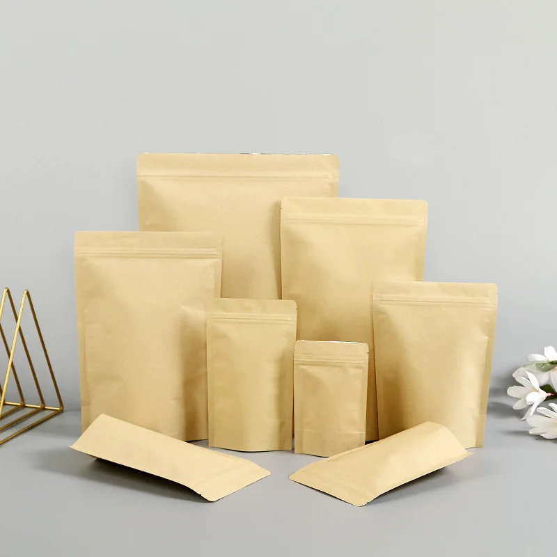 50/100pcs 크래프트 종이 줄 지어 알루미늄 호일 서 파우치 선물 및 과일 포장 가방 지퍼 자체 밀봉 가방
