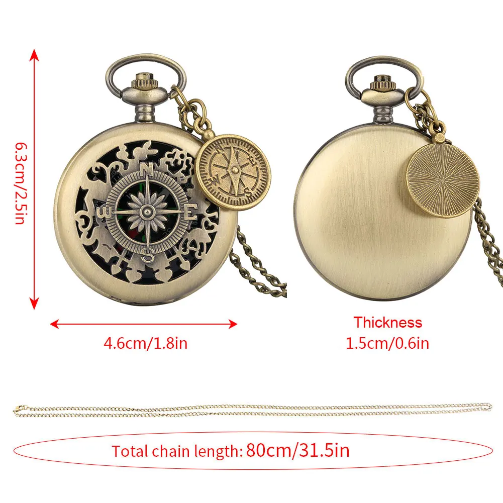 Bronze Hollow Rabbit Pattern Vintage Pocket Compass Red and white pointer Compass Dial Necklace Chain with Compass Accessory