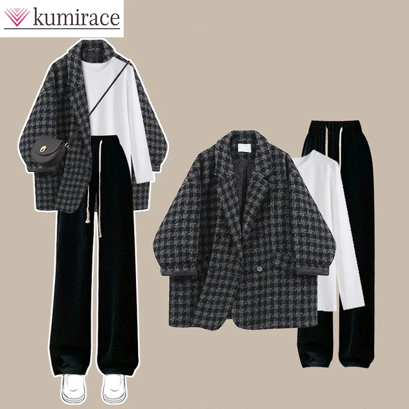 Autumn High Quality Plaid Coat Women's 2023 New Fashionable Loose Coat Bottom Top Casual Pants Three Piece Set Clothes for Women