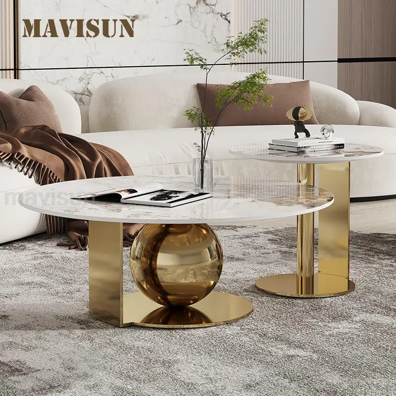 

Fashion Living Room High And Low Table Combination Stainless Steel Frame In Gold Or Black Rock Slab Desktop Round Coffee Tables