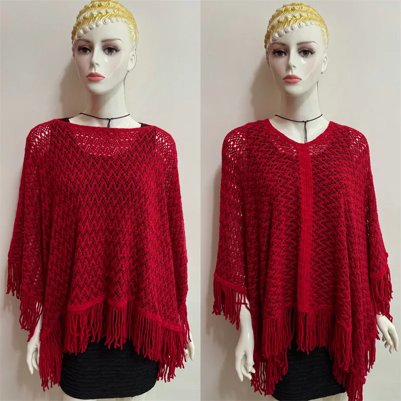 2022 Spring Hanging Dyed Shawl  Tassels On Four Sides Gradient Color Wavy Pattern Loose Large Knitted Hollow Pullover Red 2022 spring hanging dyed shawl tassels on four sides gradient color wavy pattern loose large knitted hollow pullover coffee