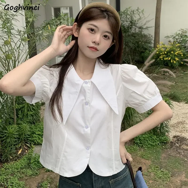 

White Puff Sleeve Shirts Women Korean Style Summer Casual Loose Temperament Hotsweet College Chic All-match Fashion Streetwear