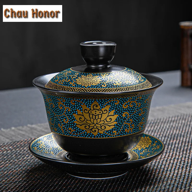 170ml Black Glazed Ceramic Sancai Gaiwan Painted Gold Heap Flower Tea Bowl Kung Fu Tea Set Handmade Tea Brew Tea Cup Accessories