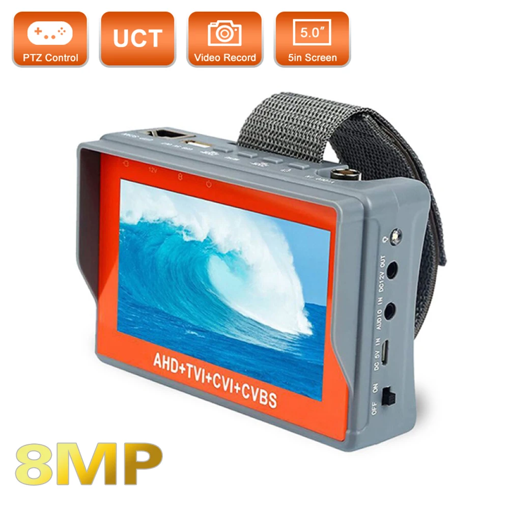 PEGATAH 5 inch CCTV Camera Tester 8MP AHD Monitor TVI CVI CVBS Analog Camera Portable Wrist UTP Cable tester RS485 12V1A Output dvd vcd players 7 8 inch portable evd player hd tv with analog usb card reader games swivel hd screen mp3 video machine speaker