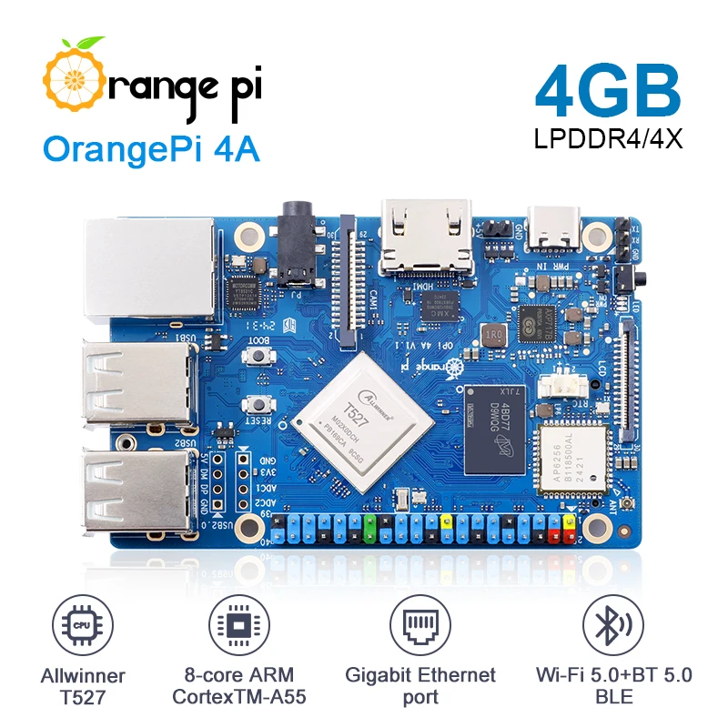 Single Board Computer Orange Pi 4A 4GB RAM Single Board Computer Allwinner T527 RISC-V Co-processor WiFi+BT5.0 BLE M2 NVMe SSD 2TOPS NPU Mini PC