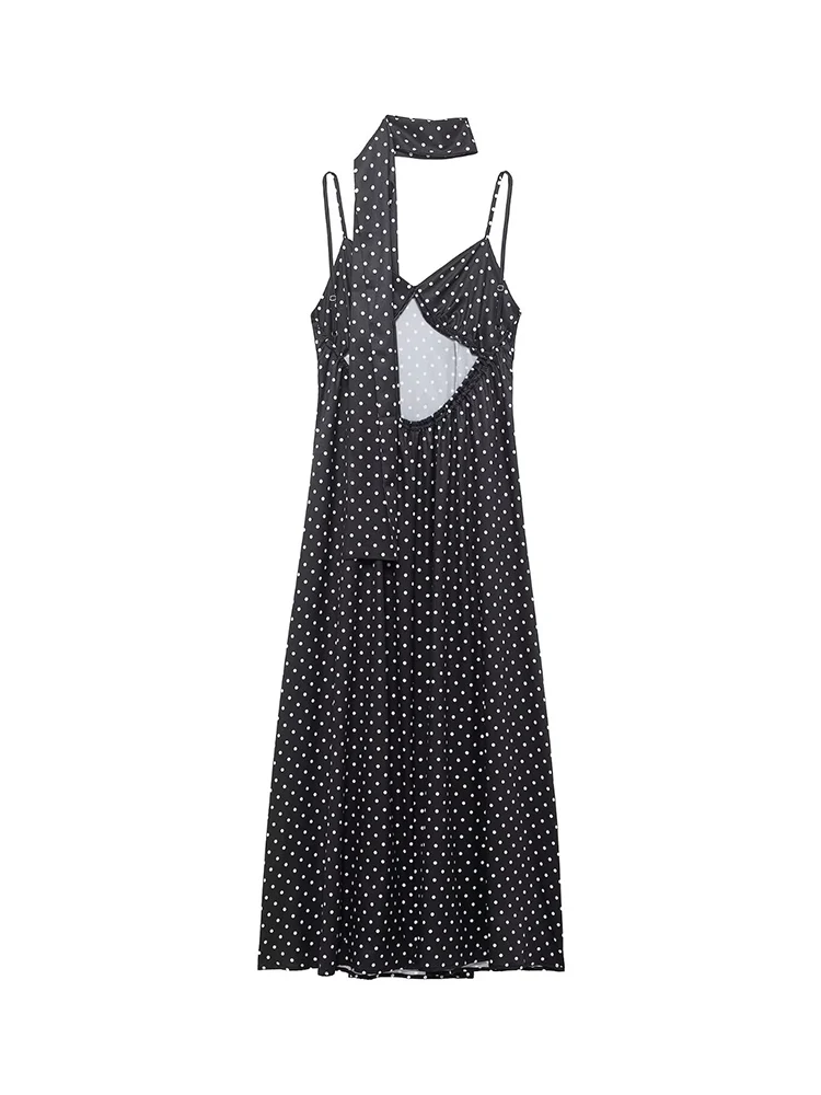 Elegant Women Slim Long Dress With Scarf Summer New Sexy Backless Sleeveless Dot Dresses Fashion Ladies Party Sling Dress