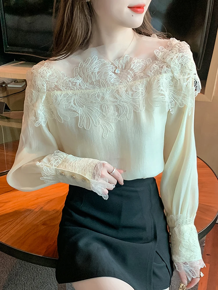 French Vintage Floral Blouses Women Long Sleeve O-Neck Shirts Lace Shirts Famale Sexy Lace Elegant Tops Ladies 2023