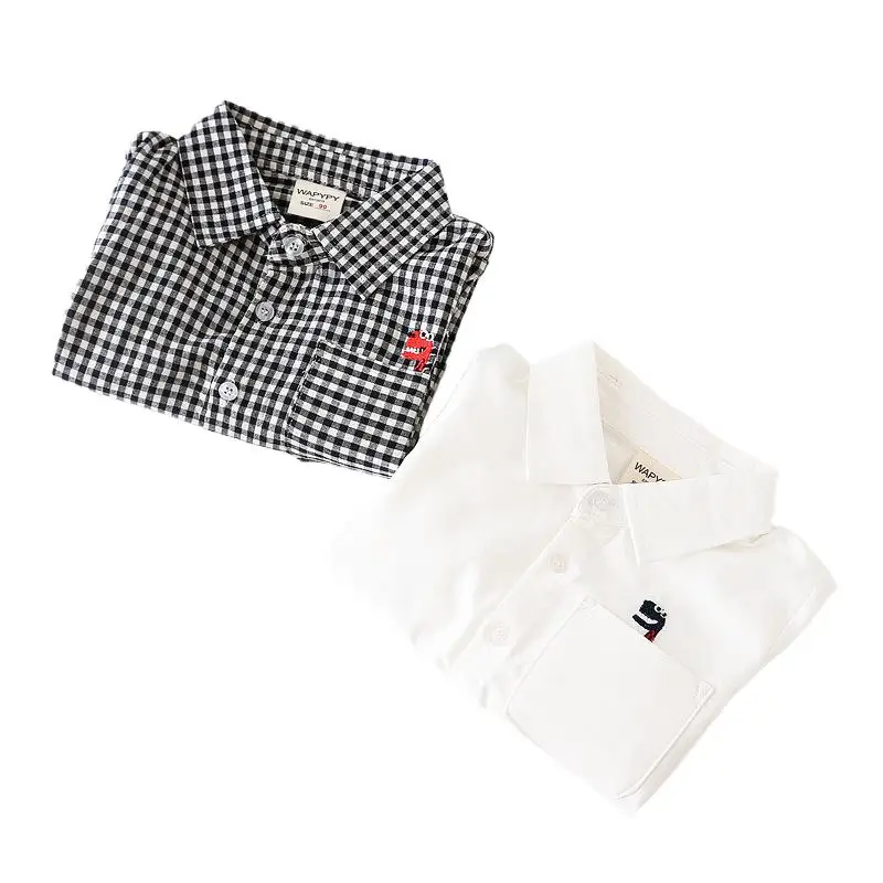 Spring Autumn Kids Boys Shirt Cotton Plaid Embroidery Cartoon Dinosuar Tops Long Sleeve Turn Down Collar Children Boy Shirt