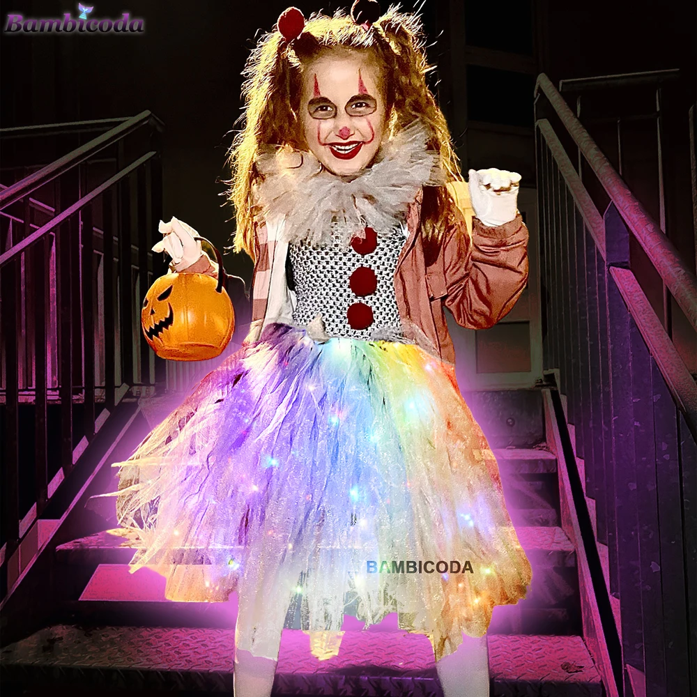 Gray Clown Led Light up Tutu Dress for Girls Carnival Halloween Costume for Kids Girl Joker Cosplay Children Party Scary Clothes girls dress