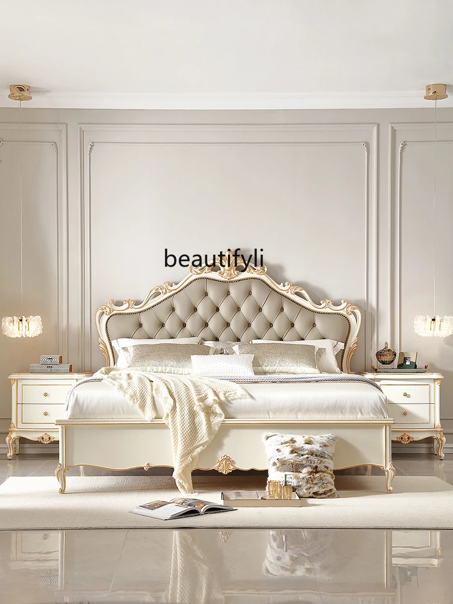 

French Solid Wood Leather Bed European-Style Hand-Carved Large Flat Master Bedroom Double Marriage Bed