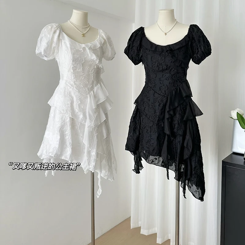 

Summer Dresses For Women 2023 Jacquard Chiffon Interior Black Dress French Fairy Irregular Cropped A-line Evening Mini Dress