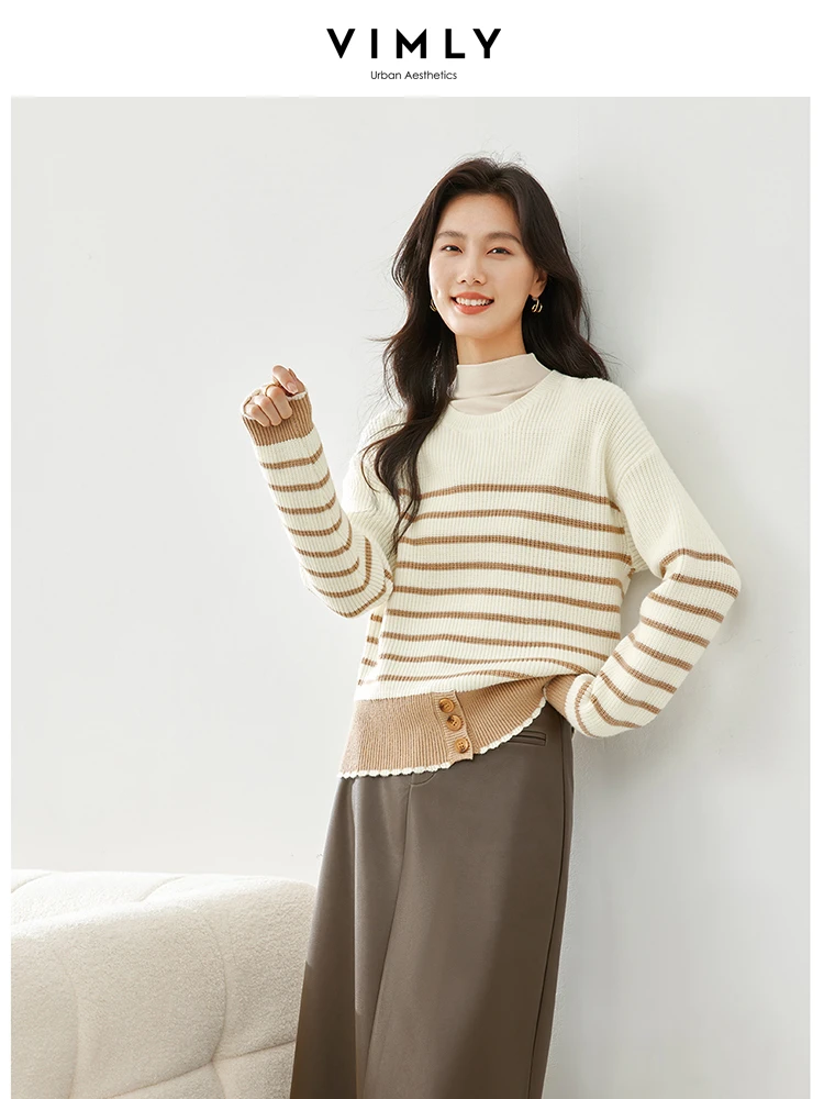 

Vimly Contrast Striped Soft Sweater Winter Thick Warm O-neck Knitted Pullovers 2023 High Strecth Loose Female Knitwear Top 72530