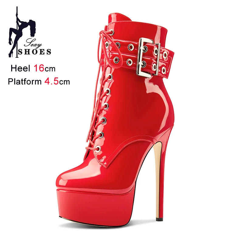 Pole Dance Ankle Boots Foreign Trade Patent Leather Super High Heels Women Short Boots Fashion Round Toe Side Zipper Lady Shoes
