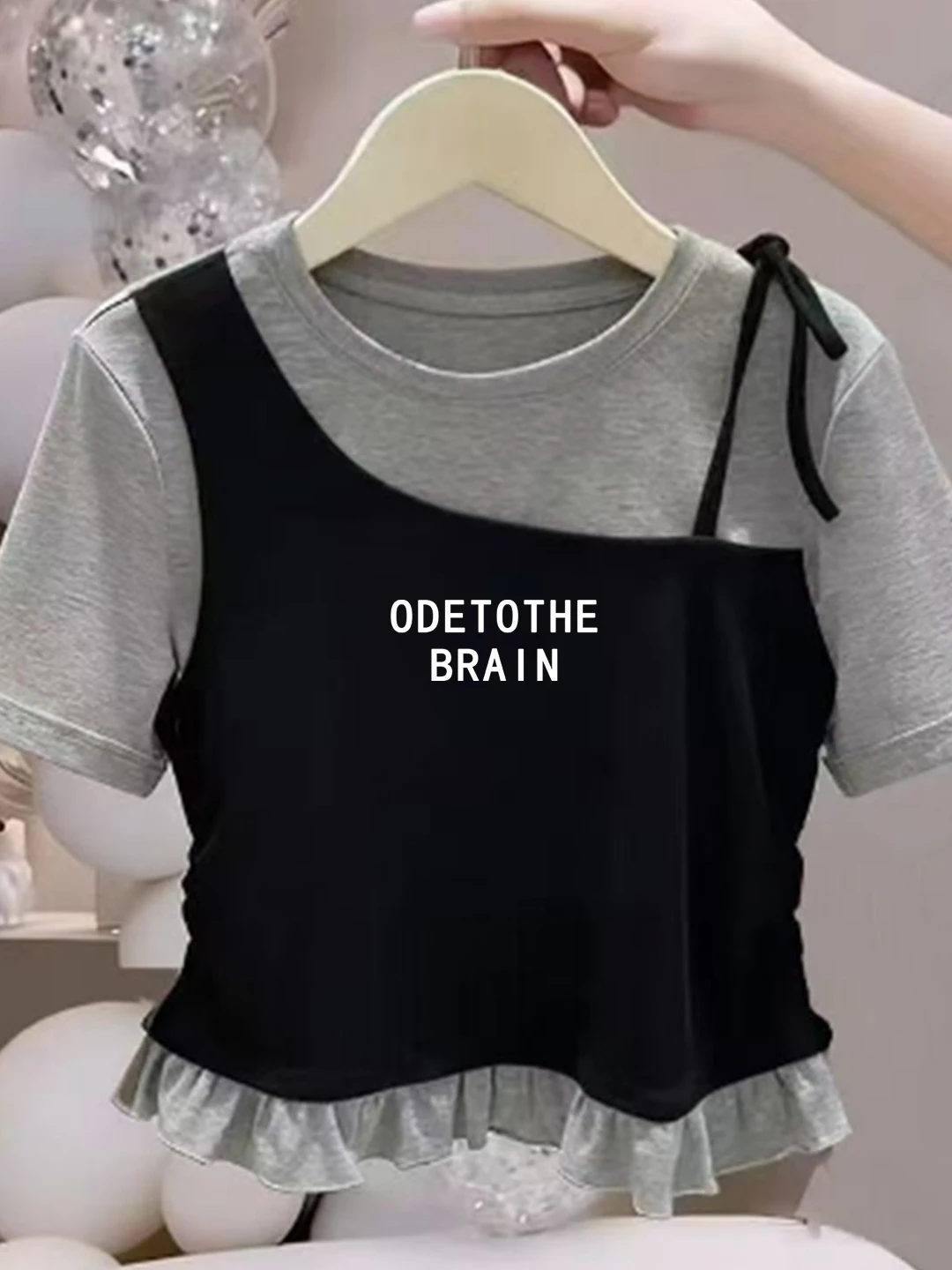 Girls Short Sleeve T-Shirt Pure Cotton Ruffle Hem Short Style Summer Casual Fit Children's Wear Breathable round Neck Top - 5