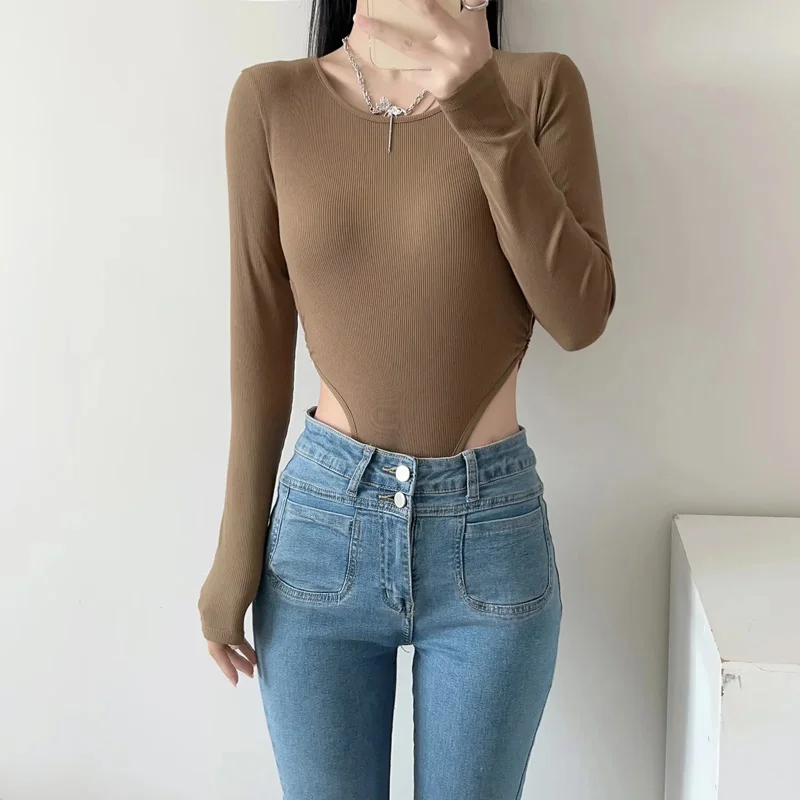 Solid Color Long Sleeved Bodysuit With Side Ring Cut Out Detail