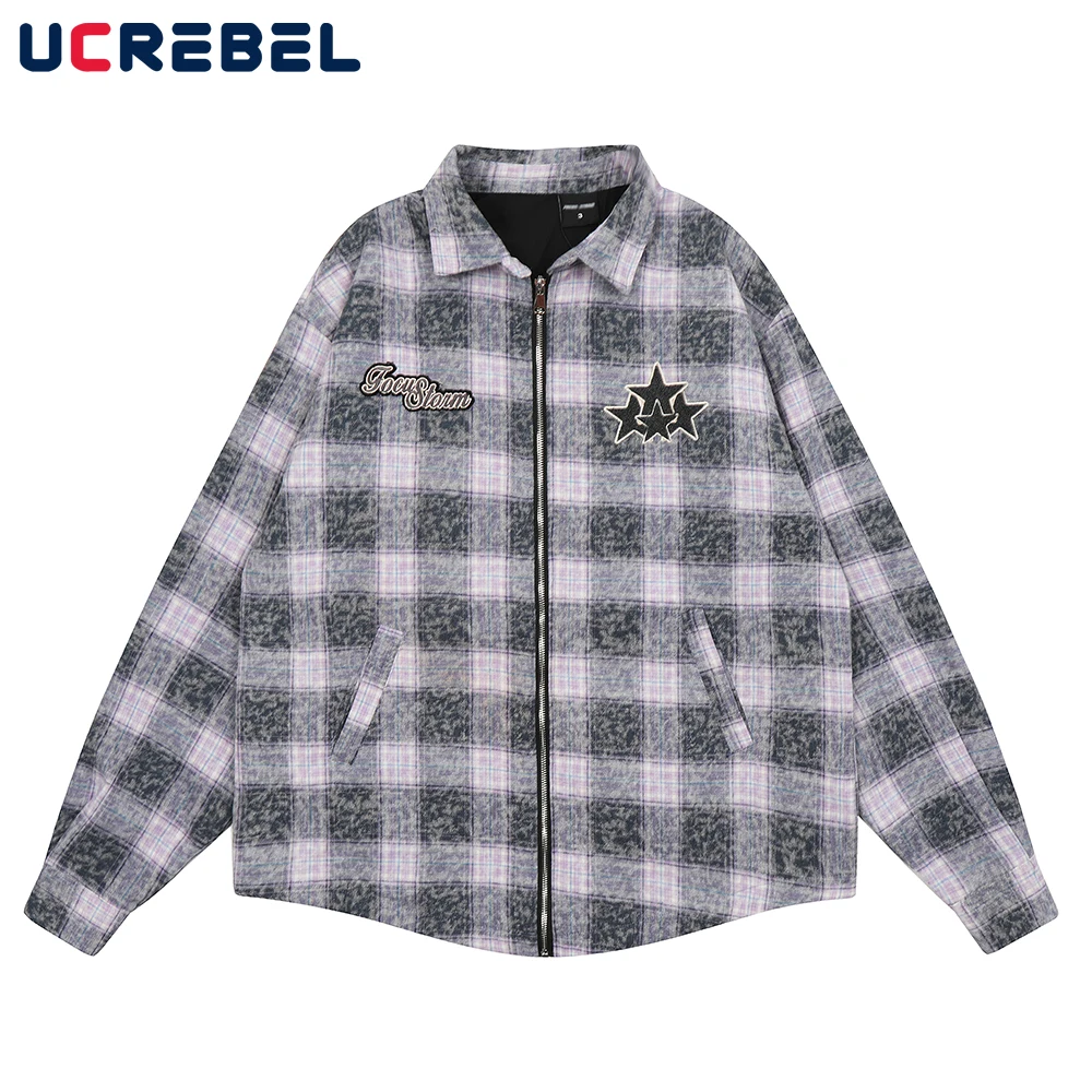 

Contrast Plaid Casual Long Sleeved Shirt Mens High Street Star Embroidery Loose Lapel Zipper Outerwear Men