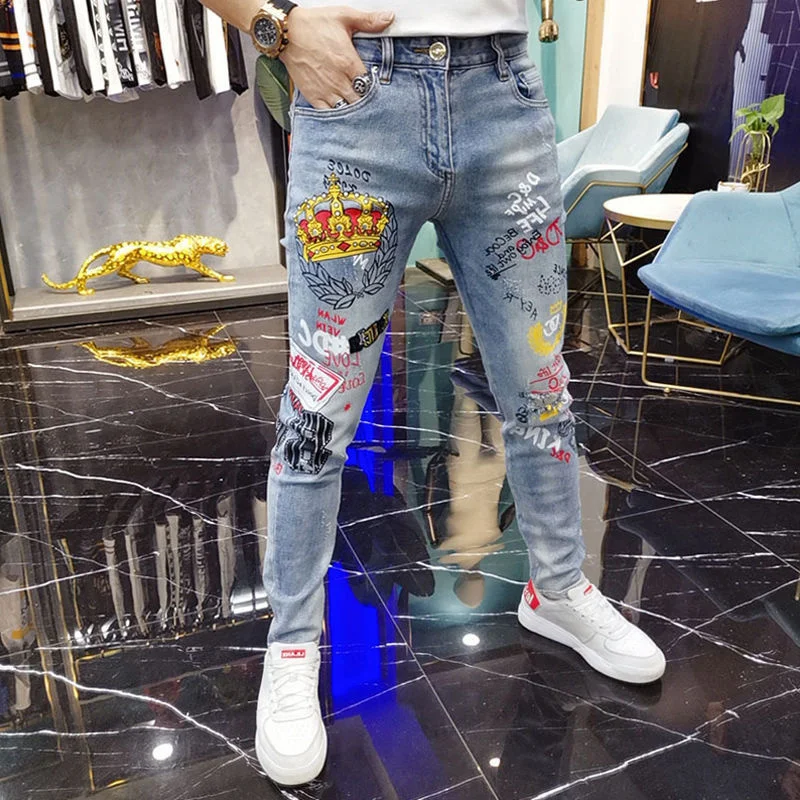 

Men's Printed Jeans Summer Luxury High End Fashion Slim Pants European Thin Embroidered Streetwear Mens Clothing Denim Overalls