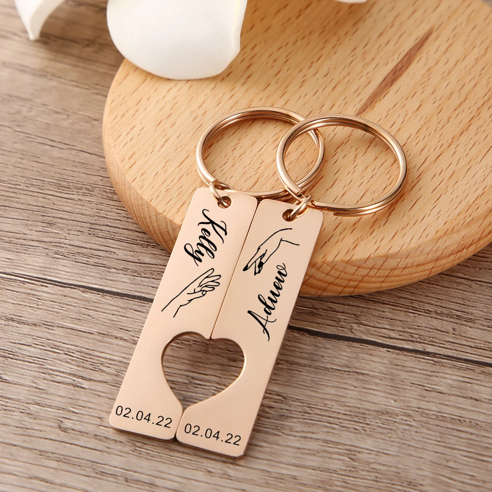 2pc Personalized Custom Date And Name Heart Keychain,Anniversary Gift For Boyfriend,Matching Couple Keyring,Valentine's Day Gift