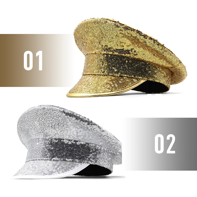 

Silver Gold Sequins Bride Military Hat 58cm Handmade Punk Sailor Captain Sergeant Hat Fancy Party Clubwear Stage Performance Hat