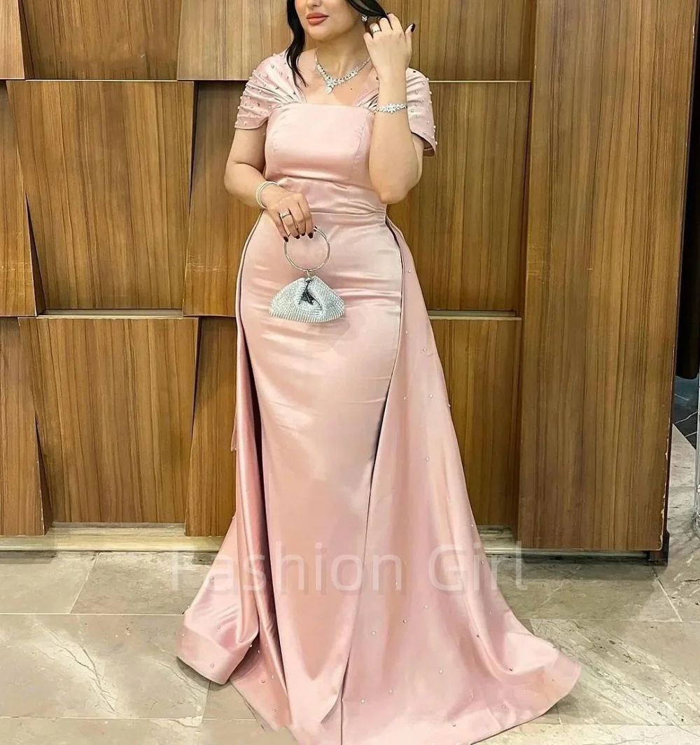 

Gorgeous Pink Off the Shoulder Prom Dresses Ruched Pearls Satin Saudi Arabic Evening Gowns Occasion Formal Party Dress 2024