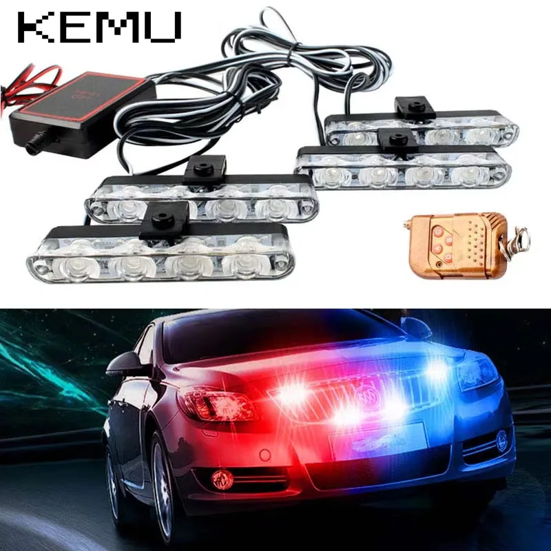 Car Front Grille Strobe Police Lights 4 In 1 Red Blue Flash Warning Emergency Lamp Wireless Remote Control for Truck Van