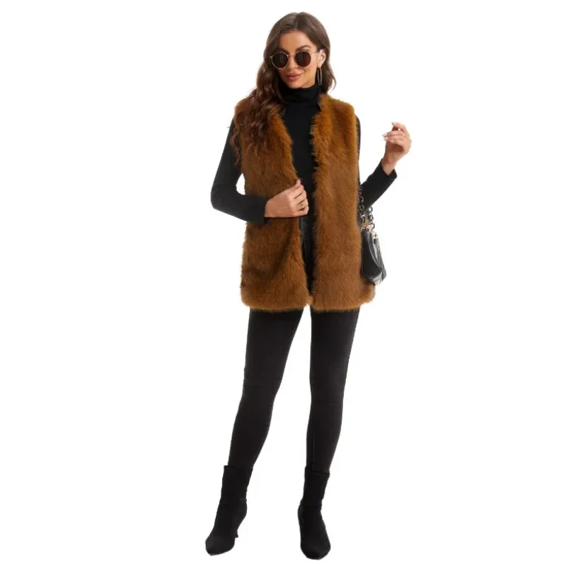 Faux Fur Vest Women's Coat European and American Autumn and Winter New Fox Fur Vest Medium Length Coat Sleeveless Vest