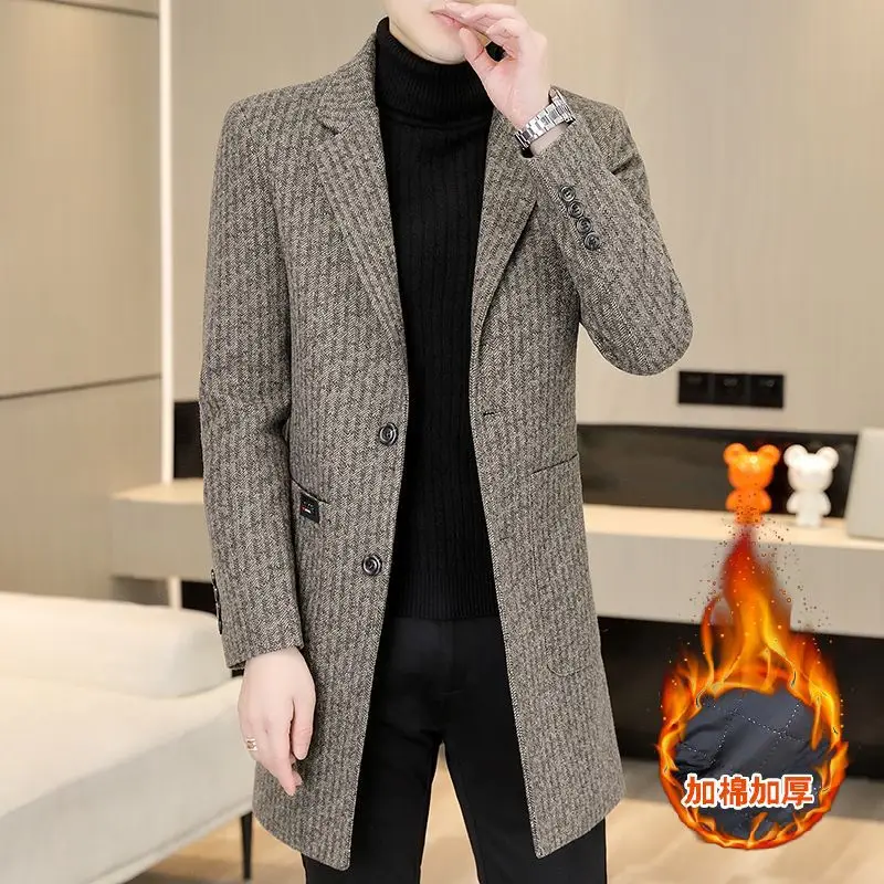 High-quality Autumn Winter Woolen Coats Men Thickened Warm Long Trench Coat Striped Casual Business Streetwear Overcoat Clothes