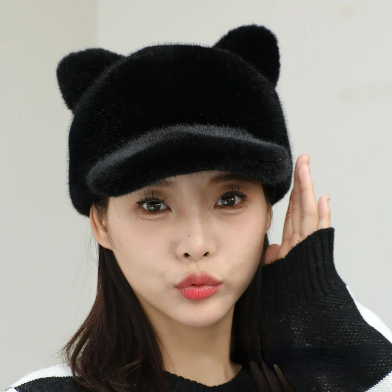 

2023 New faux fur Knight Hat Super soft women's winter hat Cotton lined Russian fashion warm cute cat ears tail plush hat