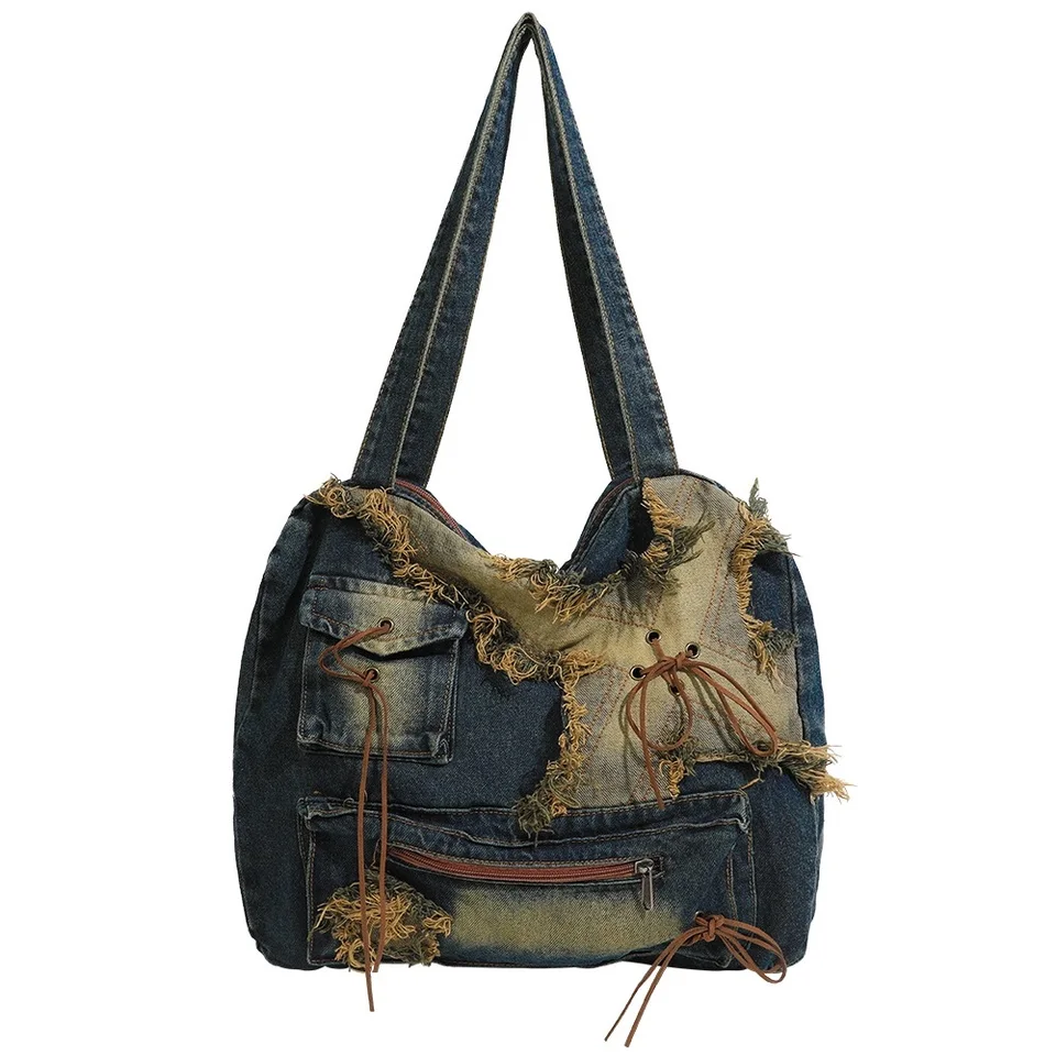 YeFine Casual Lavato Denim Borse A Spalla Top Handle Lady's Hobo Borse Donne Borse E Borse, nero, Large