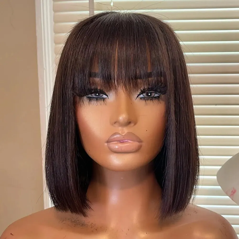 

100% Straight Short Bob Wig With Bangs Fringe Bob Wigs Cheap Wear And Go Glueless Straight Human Hair Wig 3x1 HD Lace On Top