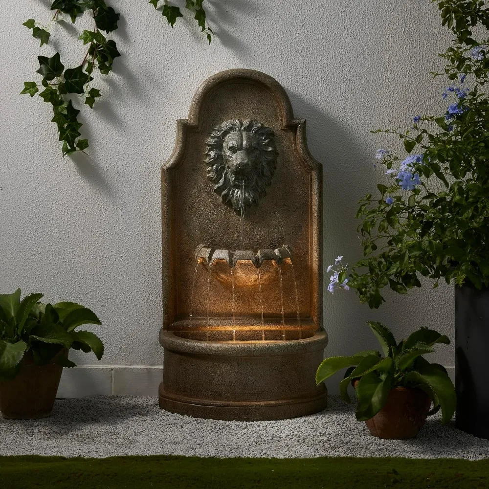 

Outdoor Water Fountain with LED Light Decorative Vintage European Style 3-Tier Oversized Lion Head Waterfall Fountain