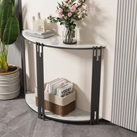 Console d'entrée demi-lune avec étagère ouverte, plateau en marbre blanc, structure en métal noir, table étroite pour entrée 4
