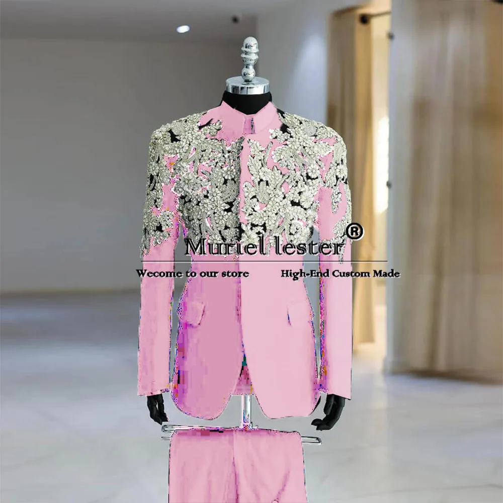 Man Stanad Collar Suits Sparkly Crystals Beaded Appliques Wedding Groom Tuxedo Custom Made Male Fashion Clothing Prom Blazer 3