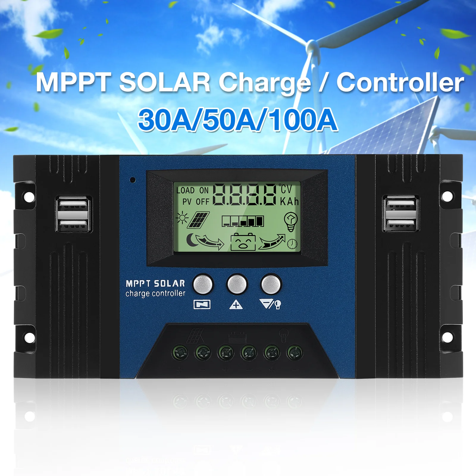 MPPT 자동 태양 전지 패널 컨트롤러, 태양광 충전 컨트롤러, LCD 화면이 있는 태양광 조절기, 소형 태양광 시스템에 적합, 12V, 24V, 100A