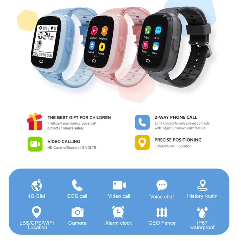 LT37 4G Kids Smart Phone Call Watch Video Chat LBS WiFi SOS Monitor Camera  IP67 Waterproof Clock Child Voice Chat Baby Smartwatch With SIM Card Slot 