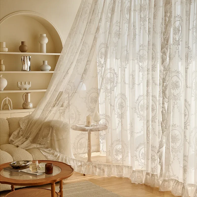 Tenda in Pizzo Ricamato Floreale in Stile Romantico Francese, Trattamento per Finestre Vintage Lungo Shabby Chic con Bordo Smerlato a Volant, per Balcone da Giardino, 1 Pannello