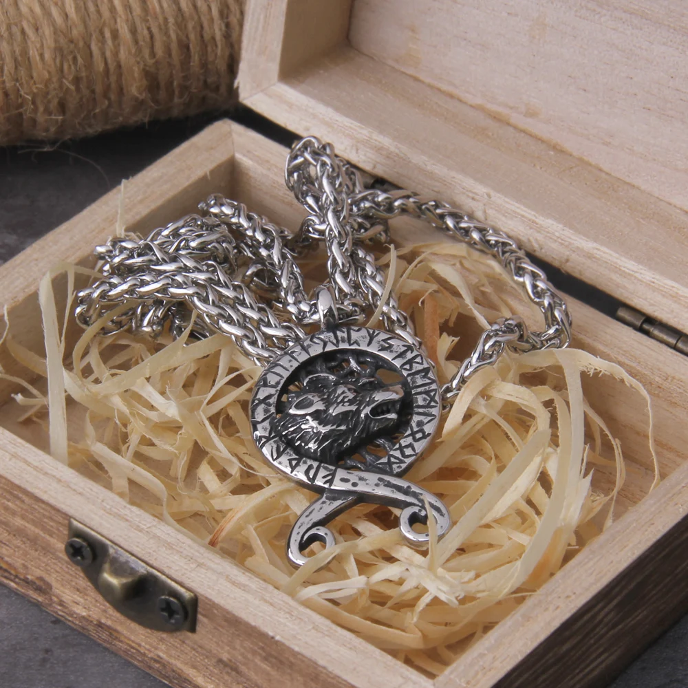 New Vintage Viking Rune Wolf Head Pendant Men's Charm Necklace Locomotive Rock Party Jewelry with wooden box as gift