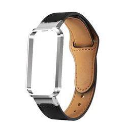 Premium Leather Strap with Metal Case Protector for Mi Band 8 Active (Black-silver case)