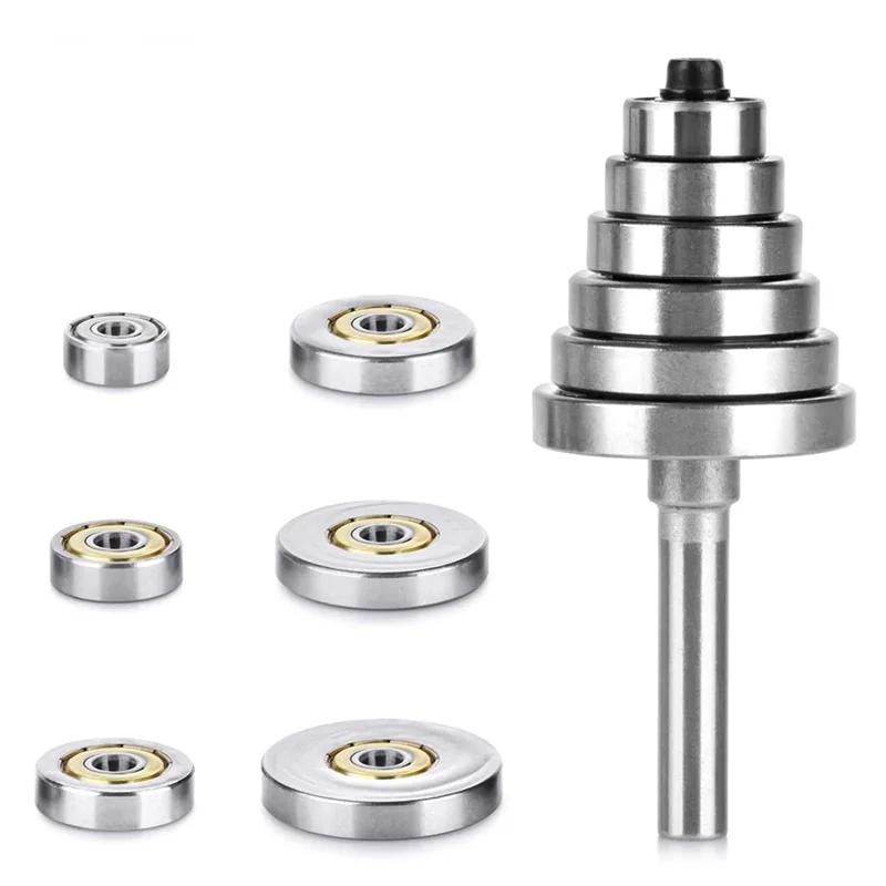 A02F-4Pcs Router Bits 1/4 Shank With 6 Bearings Set Rabbeting Router Bit For Wood Grooving With 1/2In To 1/4In Router Collet