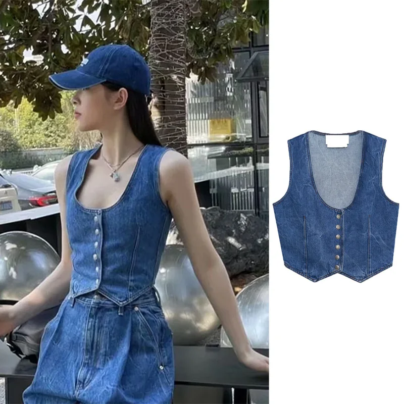 

ENK 2023 Spring/Summer Women's Denim Vest - Fashionable V-Neck Sleeveless Single Breasted Jacket