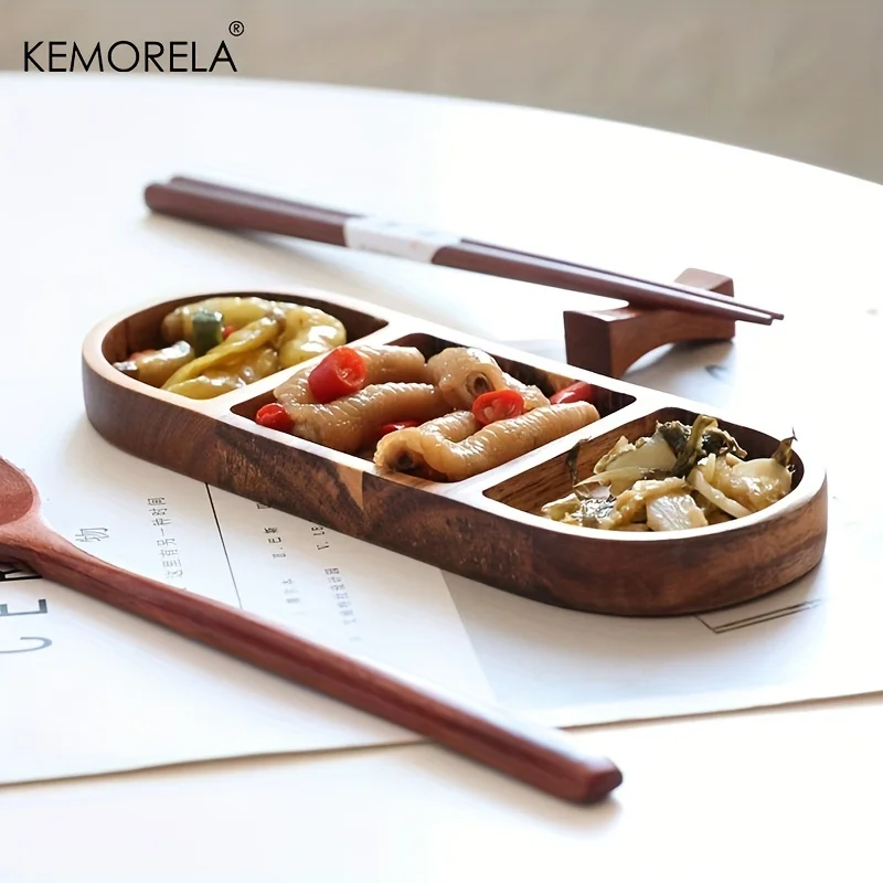 1PCS Acacia Wood Oval Three Compartment Japanese Dip Plate Breakfast Dip Plate for Japanese Pickled Vegetables dessert plate