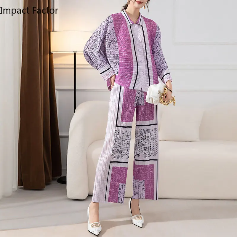 

Женский плиссированный костюм Miyake, свободная однобортная рубашка с рукавом летучая мышь и прямые брюки, новинка весны 2024