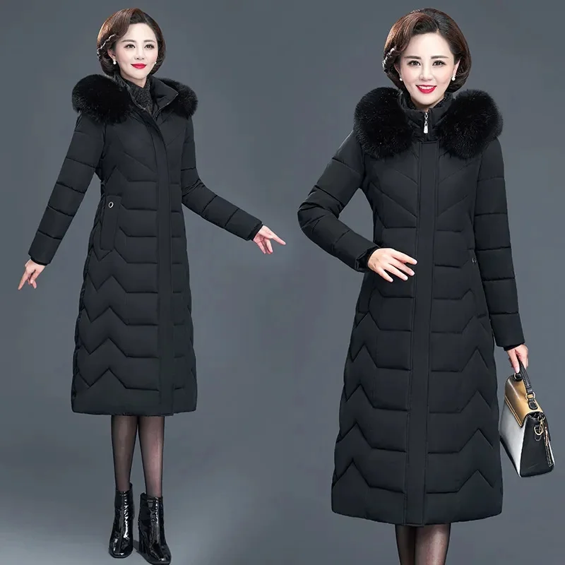 

2023 New Middle-aged Women's Parkas Faux fur collar Jackets Winter Long Hooded Coats Cotton Jacket Womens Mama Overcoat