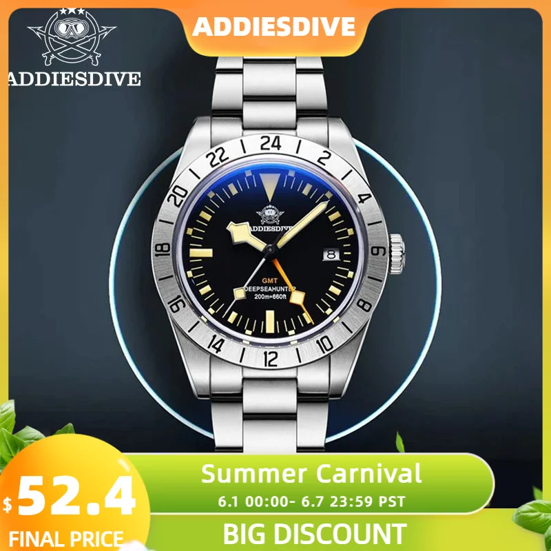 

ADDIESDIVE Quartz Watch GMT Men's Watch 200m Diving Date Retro Luminous Luxury 316L Stainless Steel Sport Business Wristwatch