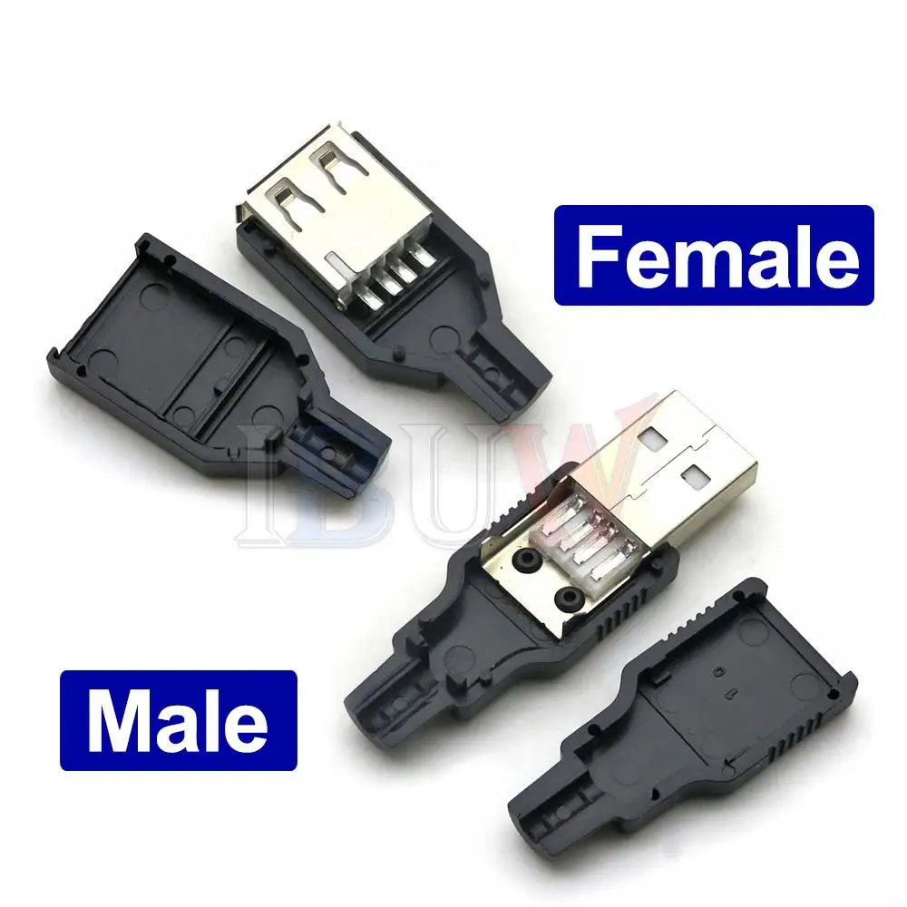 5PCS Type A Male Female USB 4 Pin Plug Socket Connector ibuw With Black Plastic Cover Type-A DIY 4P Kit NEW
