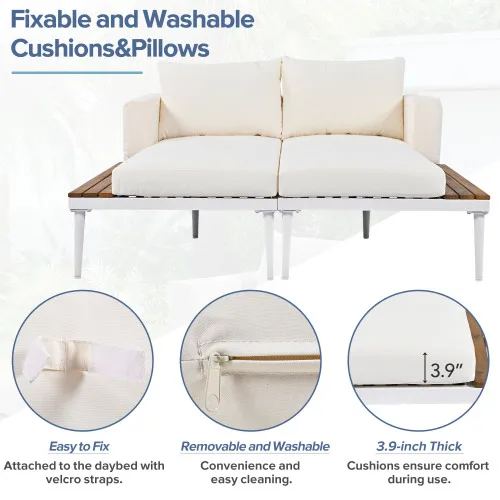 Outdoor sofa Patio Daybed with Wood Topped Side Spaces for Drinks, 2 in 1 Padded Chaise Lounges for Poolside, Balcony 4
