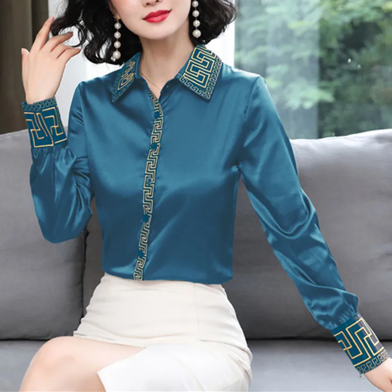 

Women's Shirt Chiffon Blouses for Women Satin Printed Polo Neck Woman Blouse Button Up Open Stitch Top Female 2023 Basic Shirts